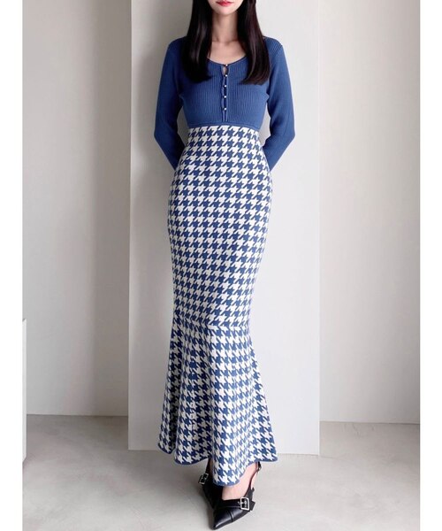ハウンドトゥースマーメイドニットワンピース｜マークスタイラー