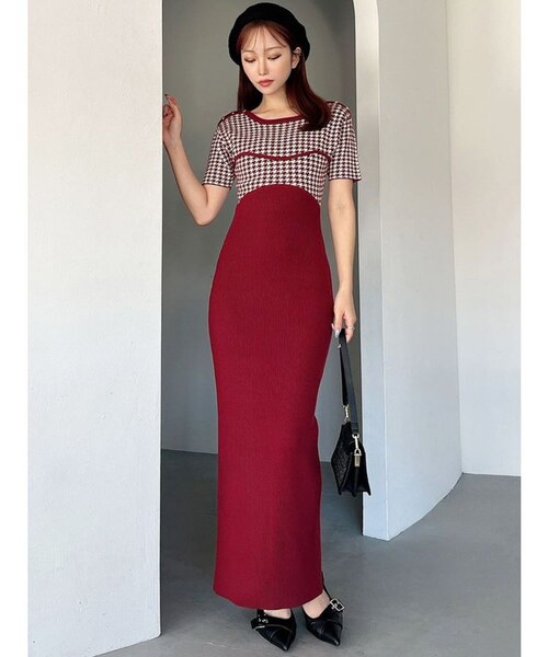 ハウンドトゥースバイカラーニットワンピース｜マークスタイラー