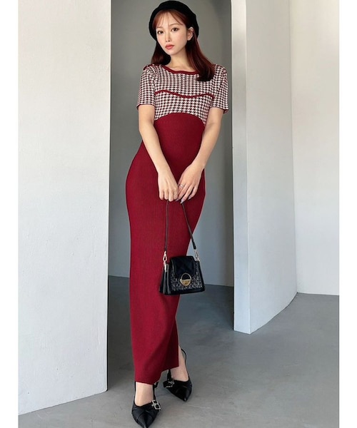 ハウンドトゥースバイカラーニットワンピース｜マークスタイラー