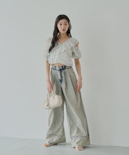 デザインワイドデニム 洗える】TCデニム切替ワイドストレートパンツ / Tiaclasse