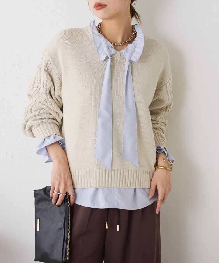 【スッキリ小顔見え◎】袖ケーブルVニット