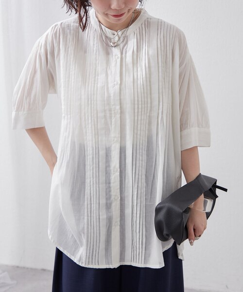 コットンスクエアネックピンタックブラウス コットンスクエアネックピンタックブラウス