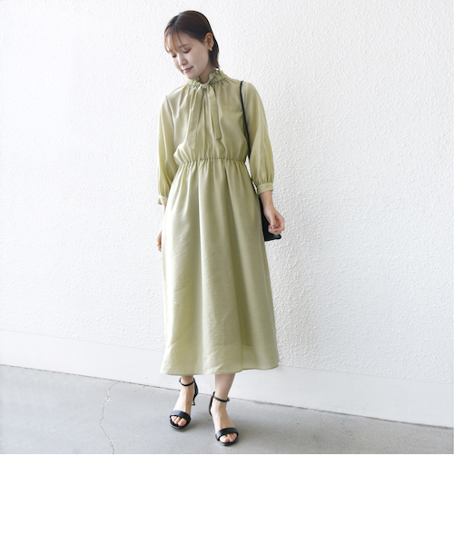 手洗い可能〉ネック ギャザー 7分袖 ボウタイ ワンピース｜シップス