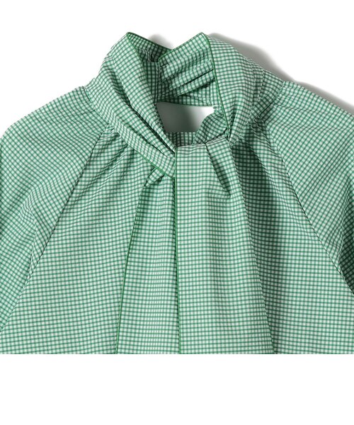 SHIPS Primary Navy Label:ストレッチ ギンガム ボウタイ ブラウス 
