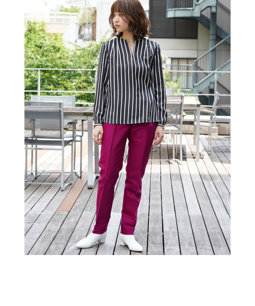 トゥモローランドコレクション ストライプカラーシャツブラウス38Sレーヨンシルク トゥモローランドコレクション ストライプカラーシャツブラウス