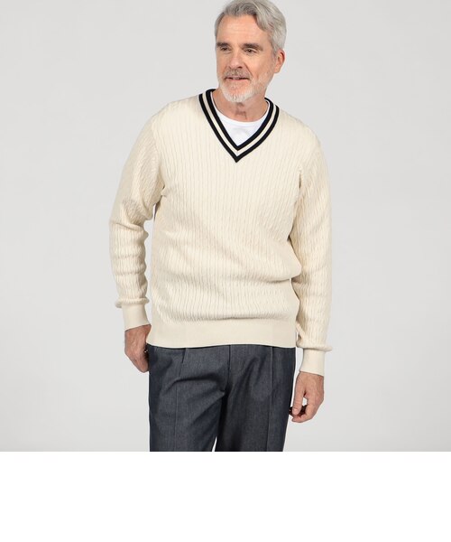 【ホワイト】9GケーブルVネックニットベルトプルオーバー (MENS) コットンシルク Vネックプルオーバー ケーブルニット｜トゥモロ