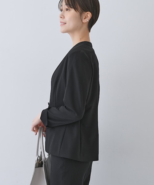 【新春価格】INDIVI 千鳥柄ノーカラージャケット&パンツセットL Lサイズ 日本製／トリアセテート混】スタイルアップ ノーカラー