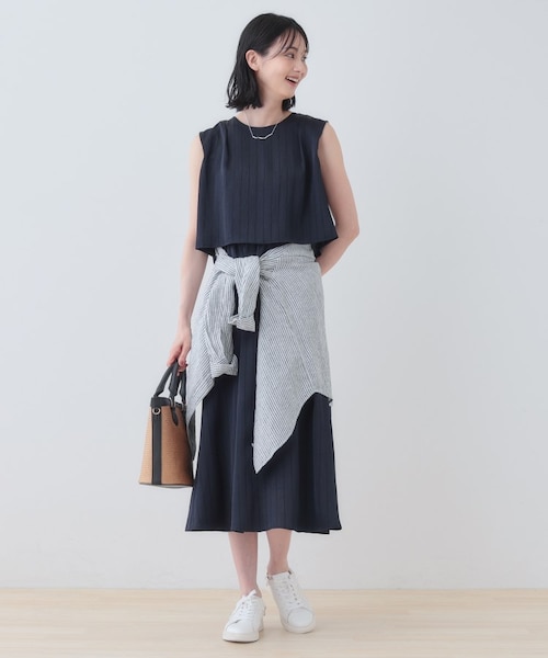 洗える／UVケア／セット見え】ストライプ柄サテンワンピース