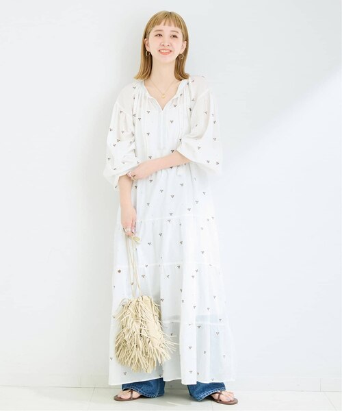 最終SALE極美品♡夏初秋　麻ブランベール　ブルゾンワンピ　ボールチェーン40 willselection♡ラインフラワーラッフルワンピース | Swingle