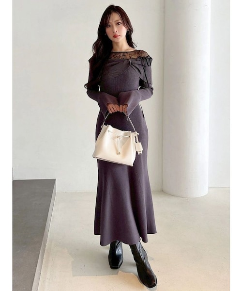 レース切替オフショルニットワンピース｜マーキュリーデュオの通販