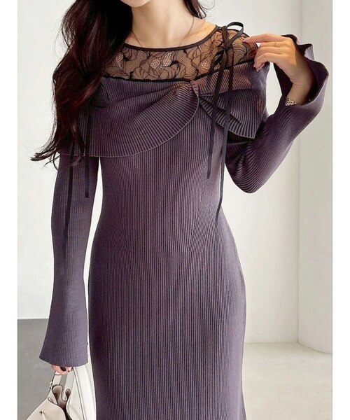 レース切替オフショルニットワンピース｜マーキュリーデュオの通販