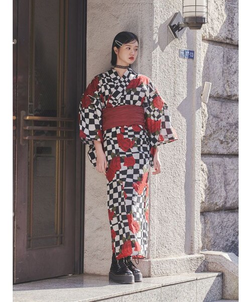 ジュエティ　jouetie ローズチェッカーセパレート浴衣➕兵児帯『グレー』 jouetieオリジナル】ローズチェッカーセパレート浴衣｜ジュエティの