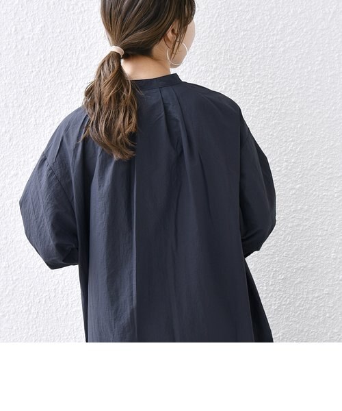 バンドカラーシャツワンピース NAVY M(FREE) メッセージ刺繍 バンドカラー 半袖シャツワンピース（シャツ