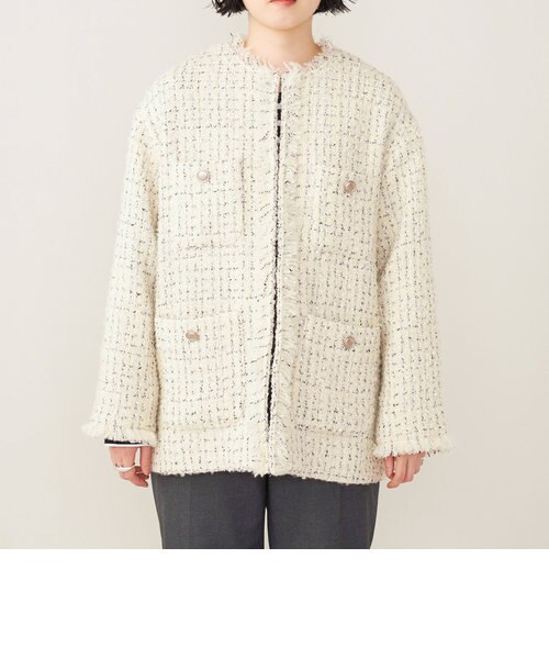 【新品】18,920円　quaranciel ツイード ジャケット セール】 quaranciel: ブルー ツイード ノーカラー ジャケット