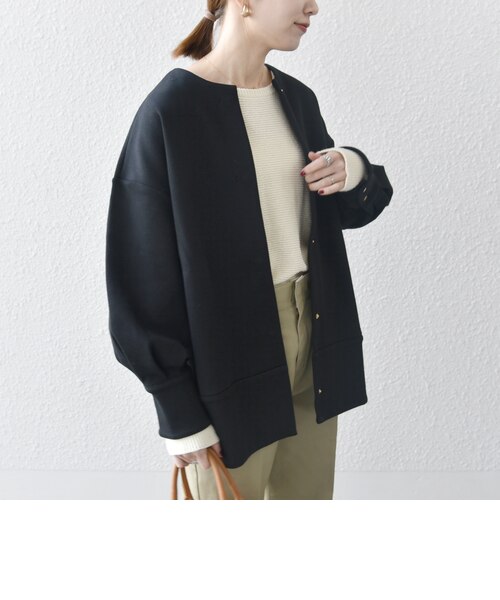 【美品】SHIPS any：ダブルジャージー ノーカラーコート（ブラック） シップス エニィ SHIPS any SHIPS any:〈洗濯機可能〉ダブルジャージー