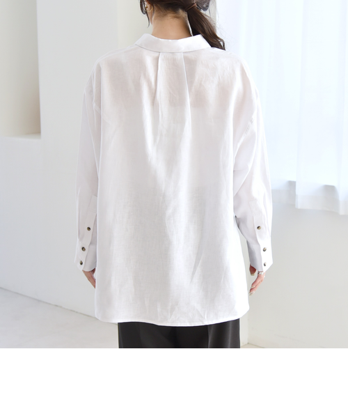 BEARDSLEY スキッパーシャツ　ギャザー　ゆったり　白　リネン混　フリー ボリュームスリーブリネンスキッパーシャツ【by SON】【SALE