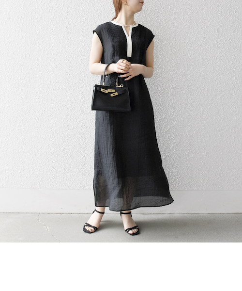 かぐれ　フレンチスリーブ　ピンタックワンピース　美品☆ SHIPS any: シアー キーネック フレンチスリーブ ピンタック