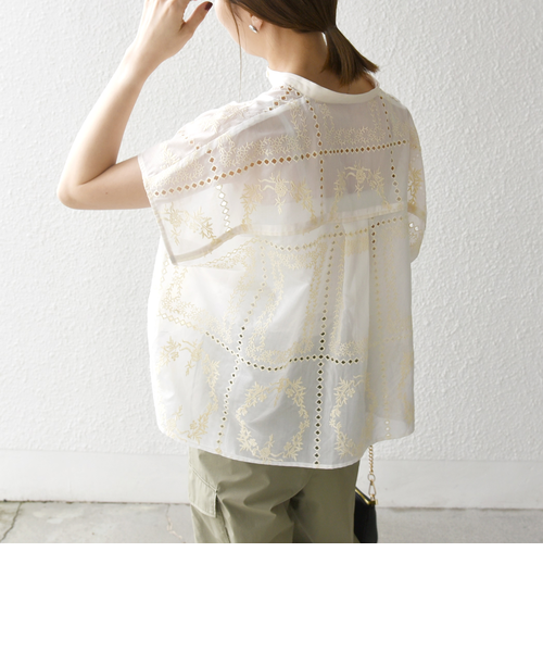 SHIPS any　エンブロイダリー レース シアー フレンチスリーブ シャツ SHIPS any:〈手洗い可能〉エンブロイダリー レース シアー