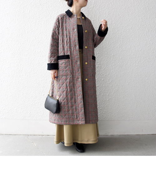 SHIPS any: キルティング チェック ステンカラー Aライン ロング