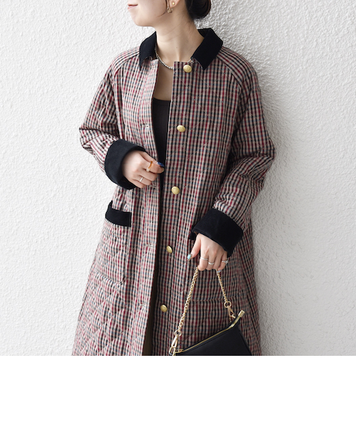 SHIPS any: キルティング チェック ステンカラー Aライン ロング
