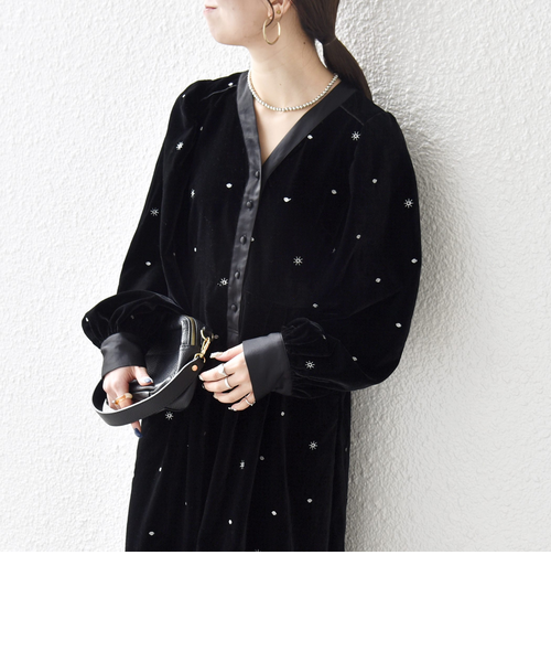 SHIPS any:〈手洗い可能〉ポリエステル ベロア 刺繍 タック フレア