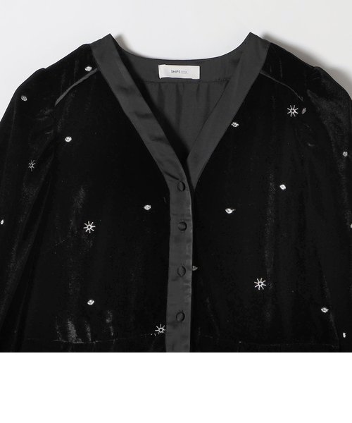 SHIPS any:〈手洗い可能〉ポリエステル ベロア 刺繍 タック フレア