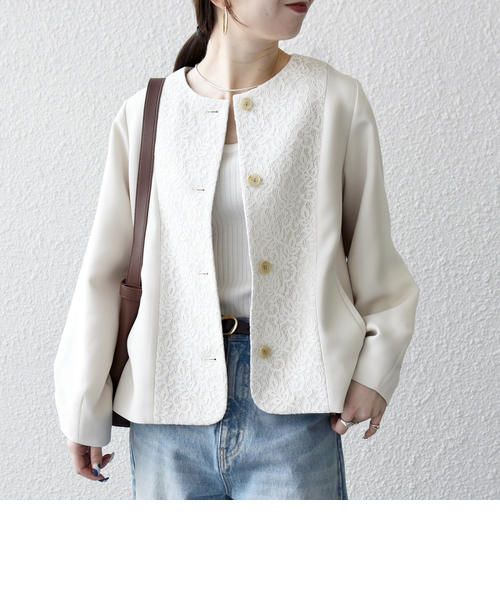 美品✨アクリス レースノーカラージャケット裏地シルク100% ダブルジップ 予約》SHIPS any:〈手洗い可能〉ダブルクロス レース 切替 ノーカラー