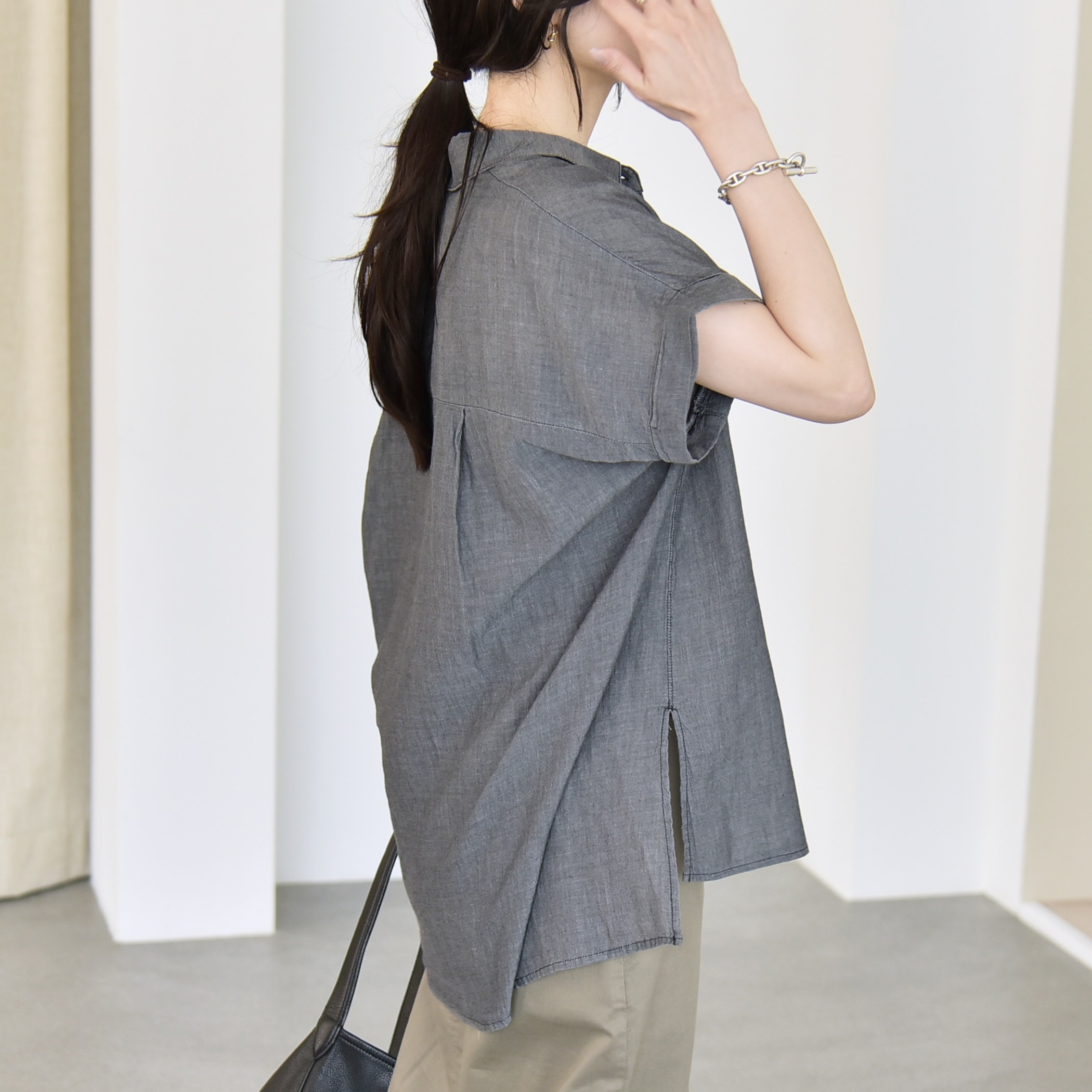 quaranciel:〈手洗い可能〉シアー デニム フレンチスリーブ レギュラー シャツ
