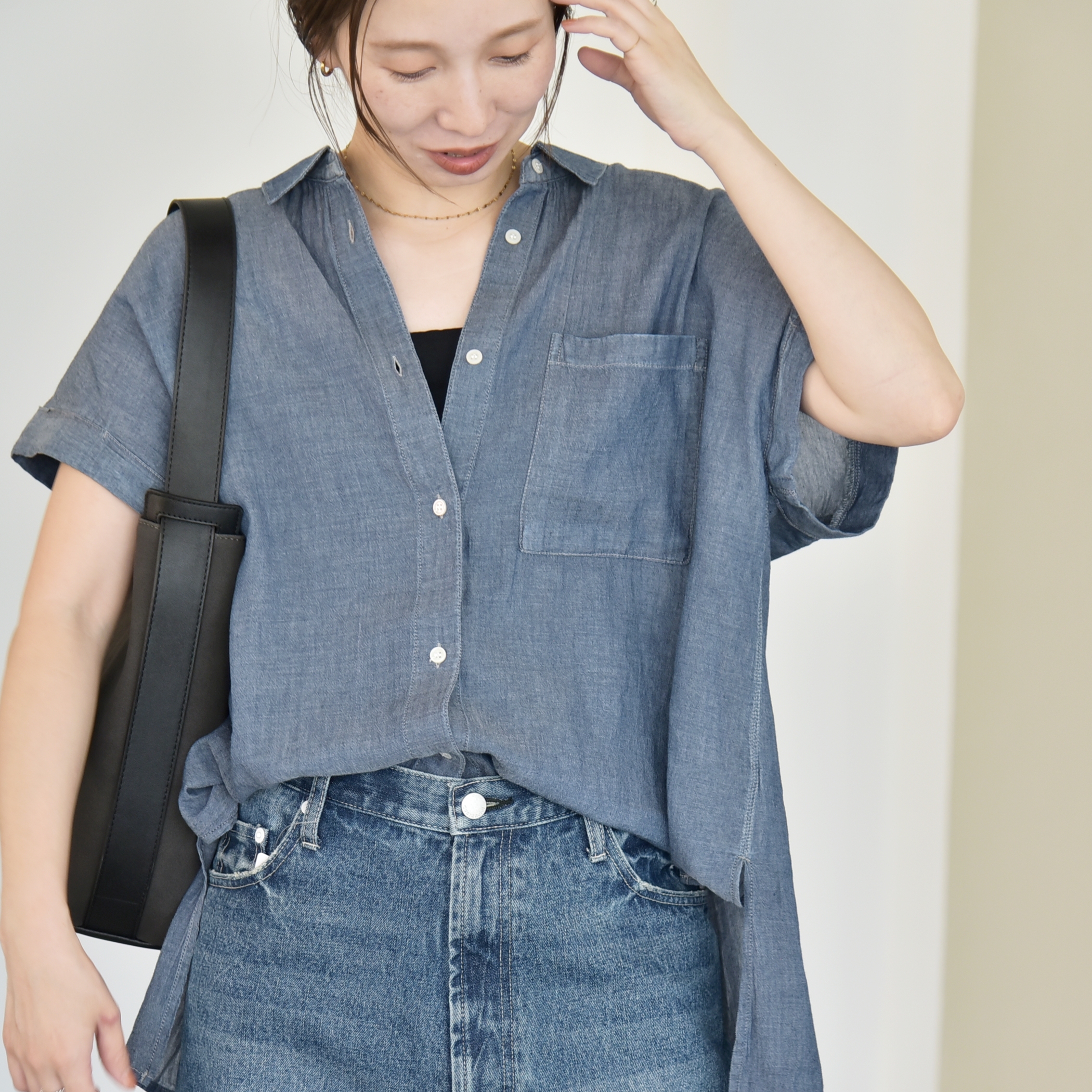 quaranciel:〈手洗い可能〉シアー デニム フレンチスリーブ レギュラー シャツ