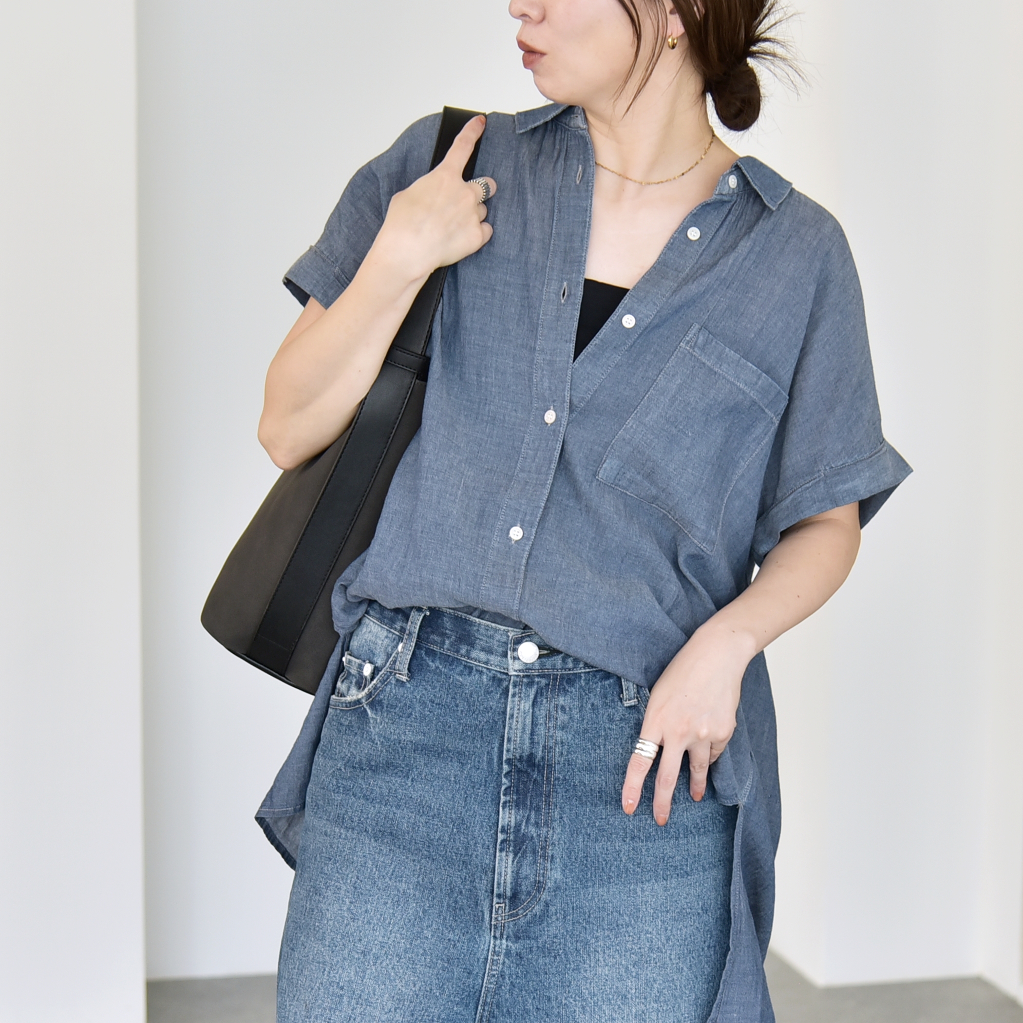 quaranciel:〈手洗い可能〉シアー デニム フレンチスリーブ レギュラー シャツ