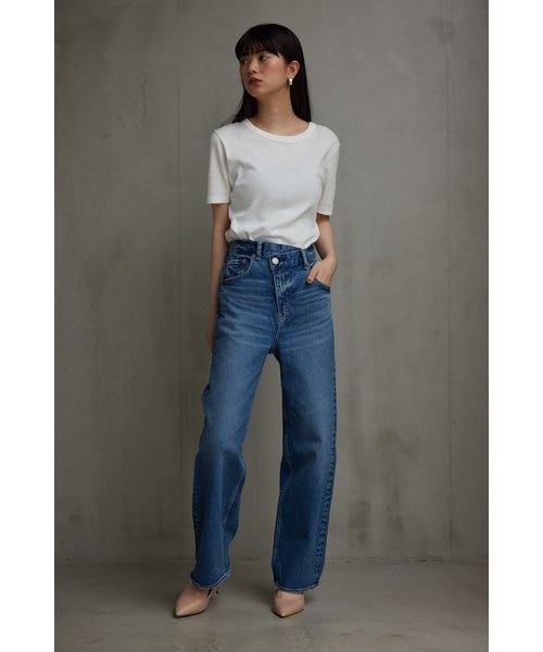 AZUL DENIM ハイウエストオーバーラップデニム BLU S ストレッチ AZUL DENIM／ハイウエストオーバーラップデニム｜アズールバイ