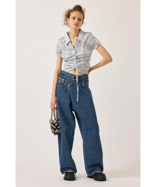 SHIRRING RIBBON SHIRT / シャーリングリボンシャツ　水色 MOUSSY | SHIRRING RIBBON シャツ (シャツ・ブラウス ) |SHEL