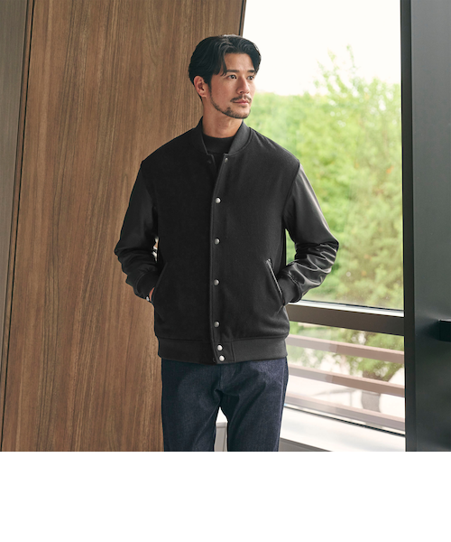 【WEB限定 WARDROBE SMART】メルトン レザーライク スタジャン WEB限定 WARDROBE SMART】ブラックメルトン レザーライク