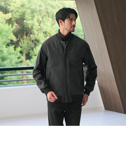 極美品✨WEB限定 WARDROBE SMART メルトンレザーライクスタジャン WEB限定 WARDROBE SMART】ブラックメルトン レザーライク スタジャン