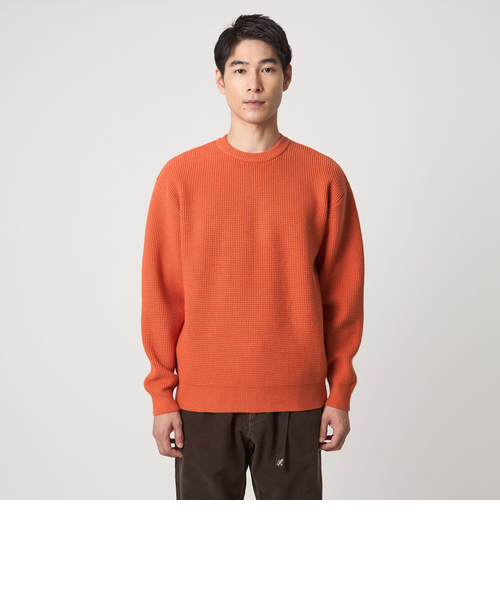 コットン ポリエステル ワッフル クルーネック ニット｜グリーン