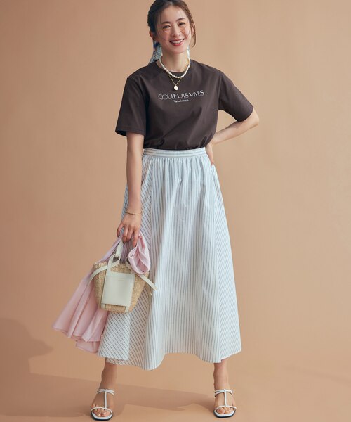 洗える】リネンコットンストライプ ギャザー スカート｜ニジュウサンク