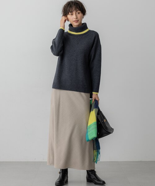 FUDGE掲載/洗える】ウールカシミヤ コンビカラー オフタートル ニット