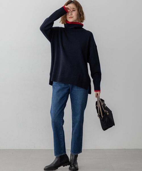 FUDGE掲載/洗える】ウールカシミヤ コンビカラー オフタートル ニット