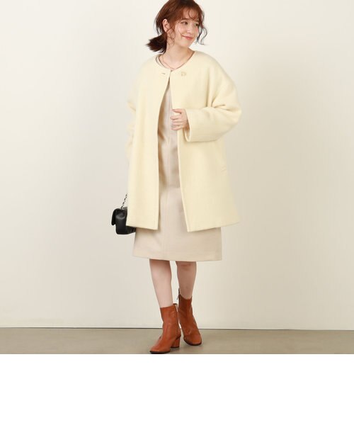 【未使用に近い】ノーカラーシャギーロングコート ルエレ Louere Louere シャギーノーカラーコクーンロングコート （モカ