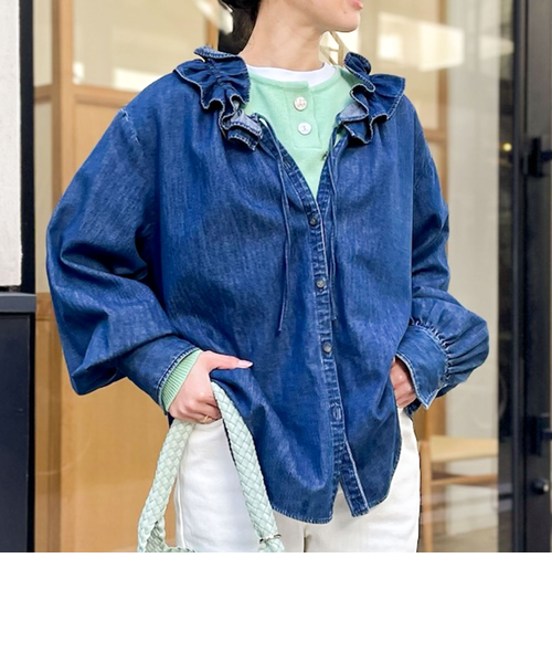 NOLLEY'S 【Rie Miller】フリルギャザーデニムブラウス 追加7回】【RM denim】フリルギャザーデニムブラウス｜ノーリーズの