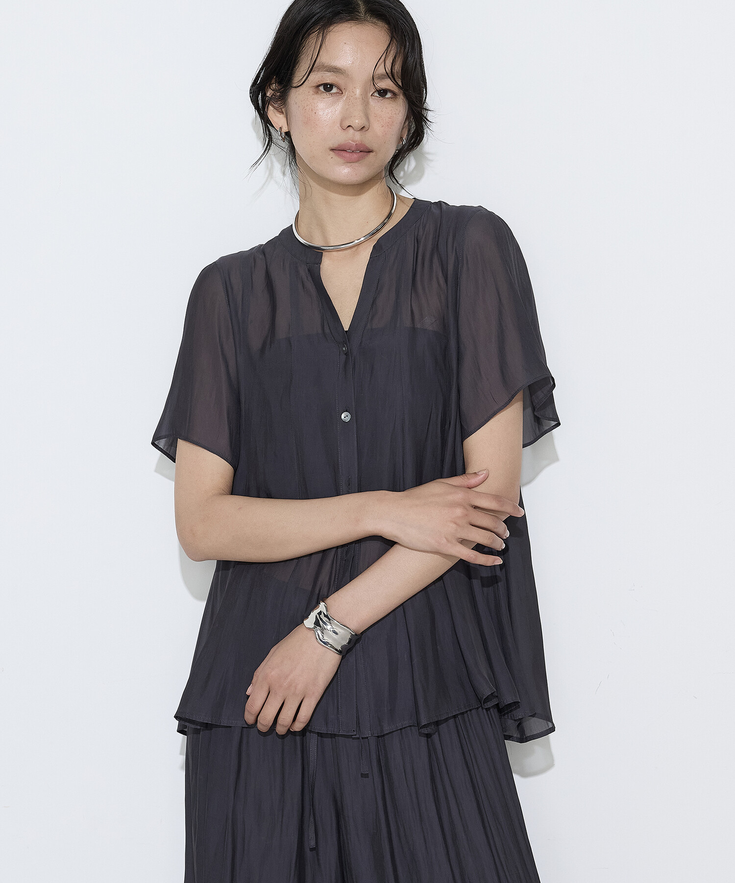 〔 Sサイズ 〕 【セットアップ対応】カッセンシフォンオーガンジー フレアブラウス