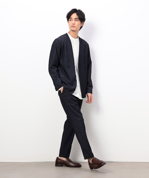 アナイ☆美品 デニムライク ノーカラージャケット 38 ネイビー☆ アナイ☆美品 デニムライク ノーカラージャケット 38 ネイビー☆