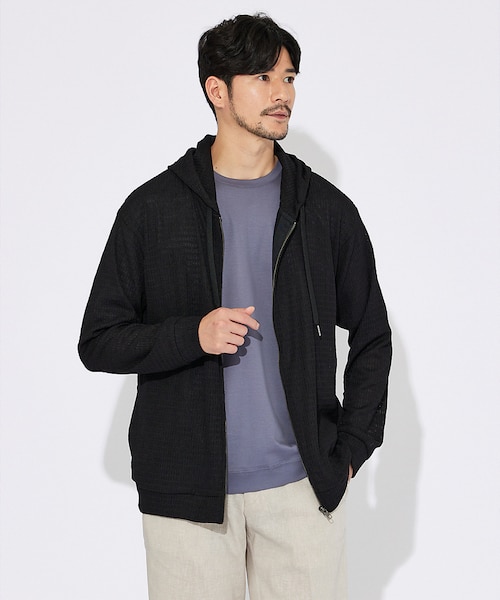 ブロック柄メッシュ ダブル ジップパーカー / シアーストレッチ