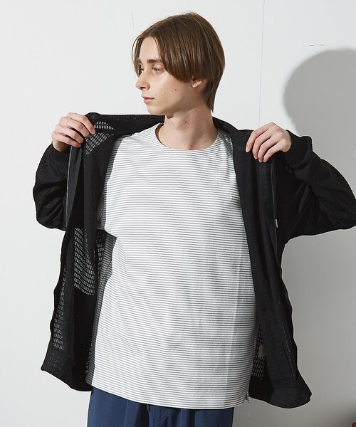 ブロック柄メッシュ ダブル ジップパーカー / シアーストレッチ