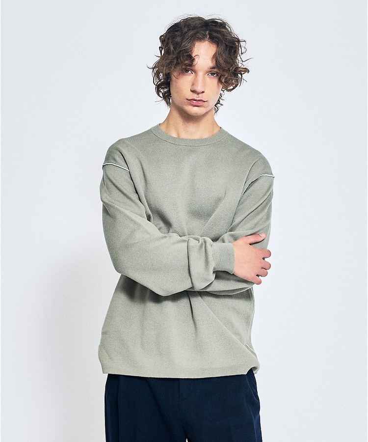 【リバーシブルカラー】14Gコットン ニットスウェット / クルーネックプルオー