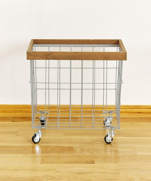 ワイヤーバスケットウッドシェルフ　wood 無垢材 ワイヤーバスケット シェルフ 4段 かご付 ブラウン｜新星