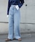 [低身長サイズ／Sシリーズ]レーストリミングワイドストレートデニムパンツ