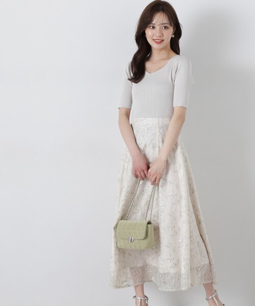 チュールフラワーニットドッキングワンピース｜プロポーションボディ  