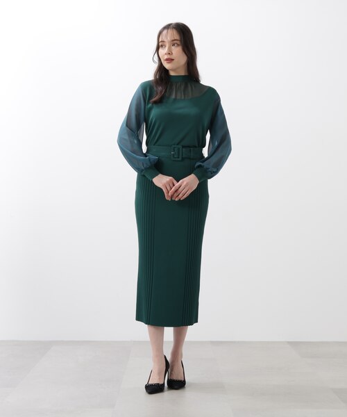 ※掲載3/25まで【最終お値下げ】定価84700円・新品　スカート　グリーン ◇ベルト付き総針ニットタイトスカート｜ピンキーアンドダイアン