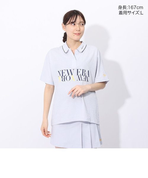サイズ：LARGE NEW ERA ニューエラ  半袖ポロシャツ スキッパー シアサッカー ストライプ柄 ネイビー系 [240101494755] ゴルフウェア メンズ ストスト サイズ：LARGE NEW ERA ニューエラ 半袖ポロシャツ スキッパー